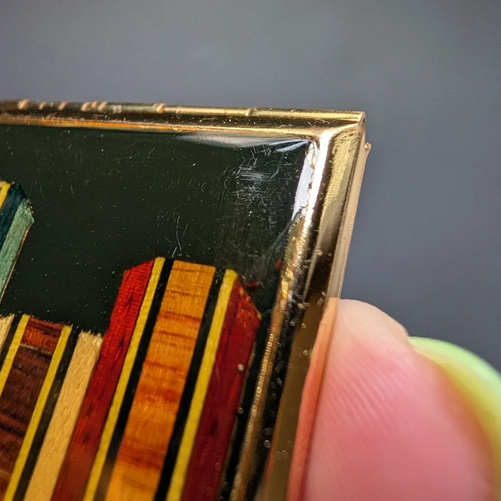 Vintage Gold Tone Cityscape w Moon Marquetry Resin Square Makeup Compact Mirror